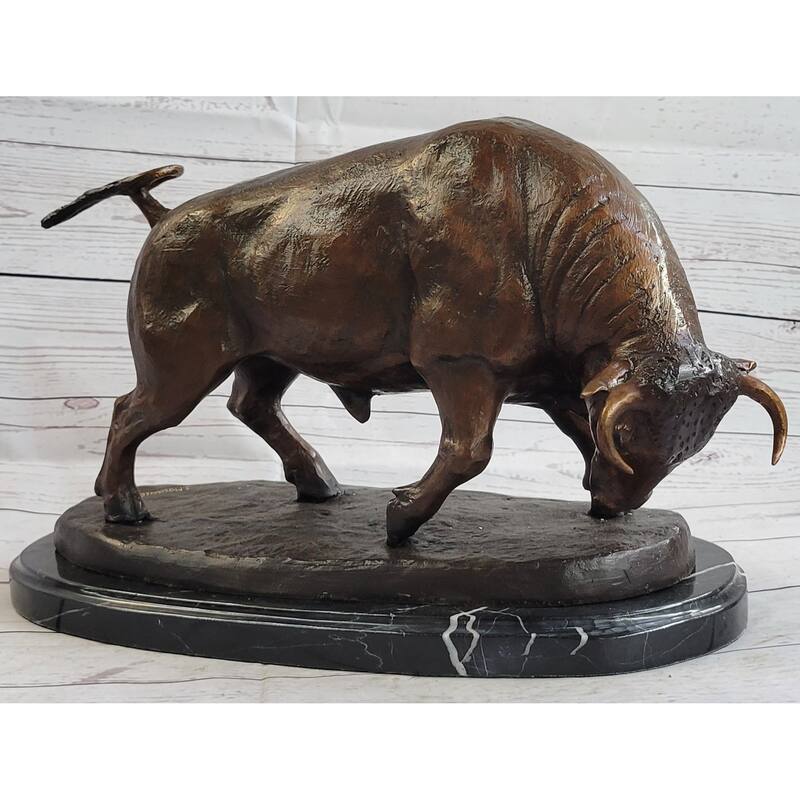 Charging Bull Bronze Statue Sculpture Lost Wax Casting Marble Base Moigniez 11 Inches X 17 Inches