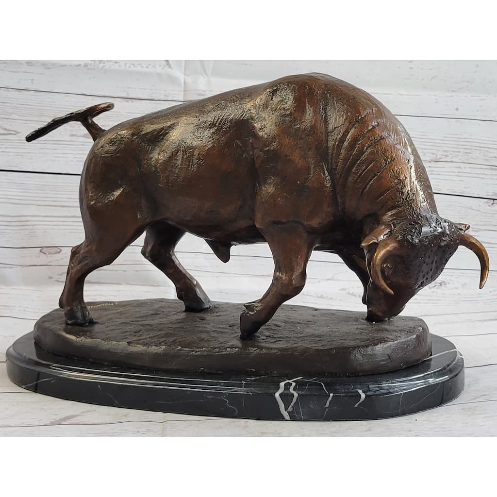 Charging Bull Bronze Statue Sculpture Lost Wax Casting Marble Base Moigniez 11 Inches X 17 Inches