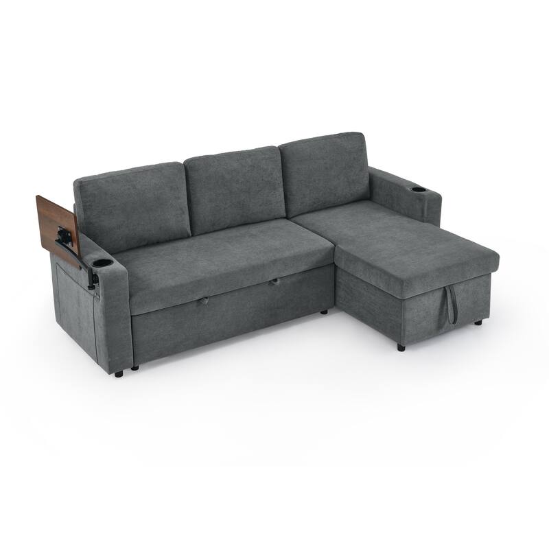 Roomfitters Modern Chenille Pull-Out Bed Sofa with Retractable Table, LED Lighting, USB Ports and Cup Holders