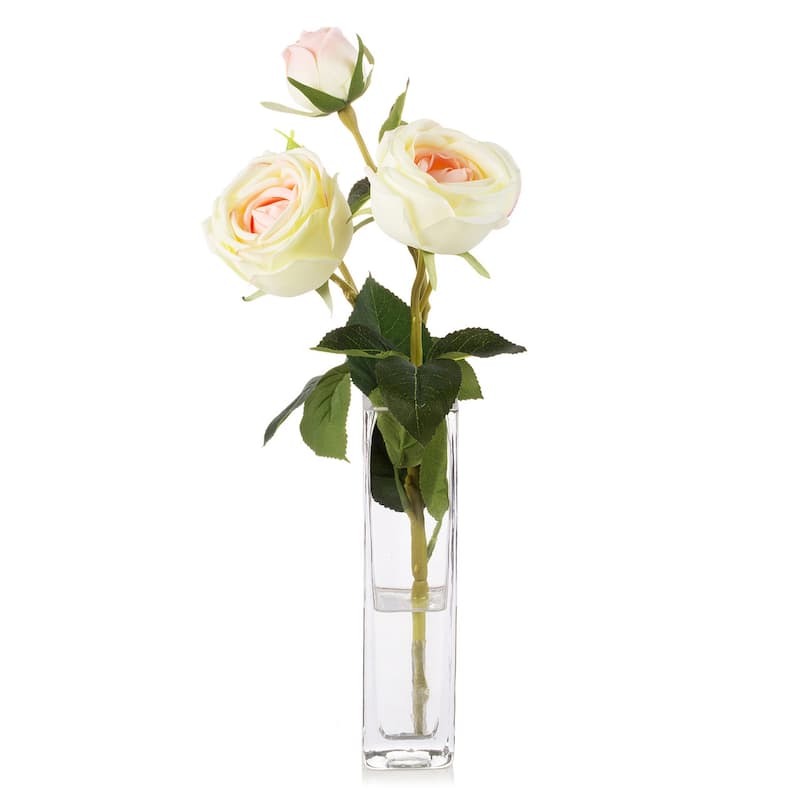 Enova Home Artificial Silk Rose Flower in Clear Glass Vase Faux Rose Flower with Vase For Home Office Decoration - N/A - Champagne