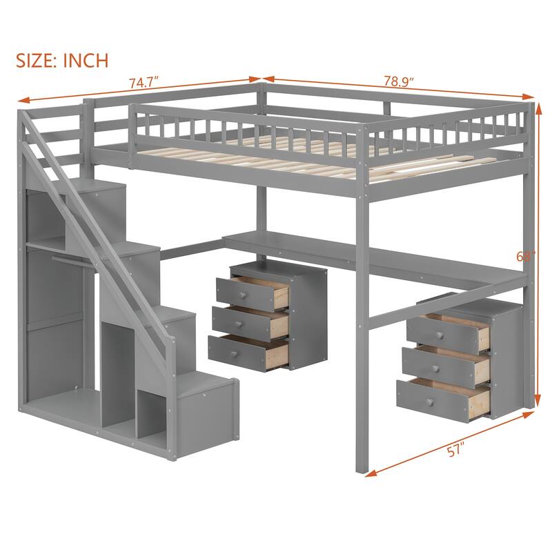 Roomfitters Twin/Full Size Loft Bed with Desk, Two Chests of Storage Drawers and Lighting