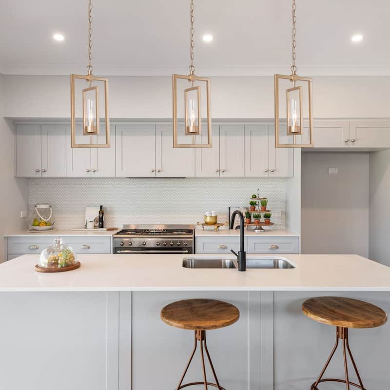 Mid-century Modern Gold Lantern Pendant Farmhouse Dimmable LED Rotatable Kitchen Island Light with Cylinder Glass