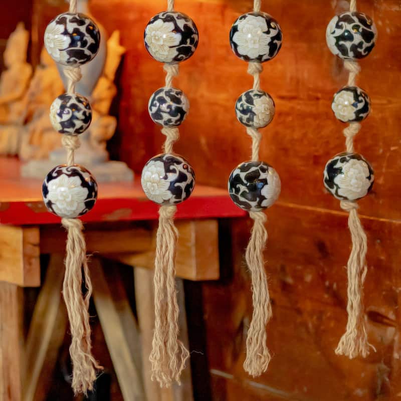 74" Long Porcelain Tsugo Ball Garland in Black and White "Chihiro" - 4" x 4" x 74"