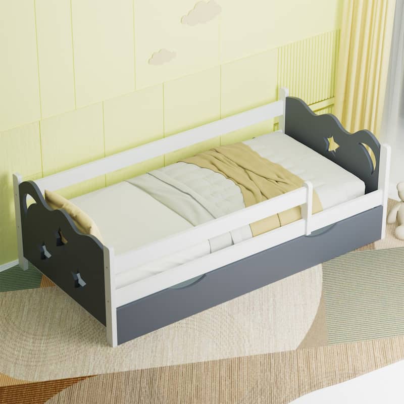 Kid's Bed Frame with star and moon decoration, Wood and bamboo Frames for Toddler Girls Boys, 8 Slats Support