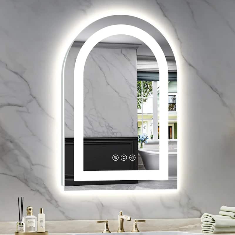 Full Size Arch Front & Back LED Lighted Anti-fog Tempered Glass Wall Bathroom Vanity Mirror, ETL Certified, 3-Year Warranty - 28"x20"