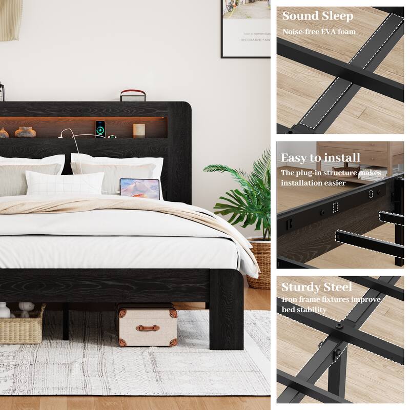 Bed Frame Full Size, Wood Platform Bed Frame with Storage LED Light Headboard and 2 USB, Noise Free, No Box Spring Needed