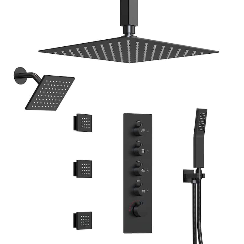 Dual Heads 16" Rainfall & High Pressure 6" Shower Head 3 Way Thermostatic Faucet System w/ 3 Body Jets