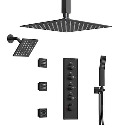 Dual Heads 16" Rainfall & High Pressure 6" Shower Head 3 Way Thermostatic Faucet System w/ 3 Body Jets