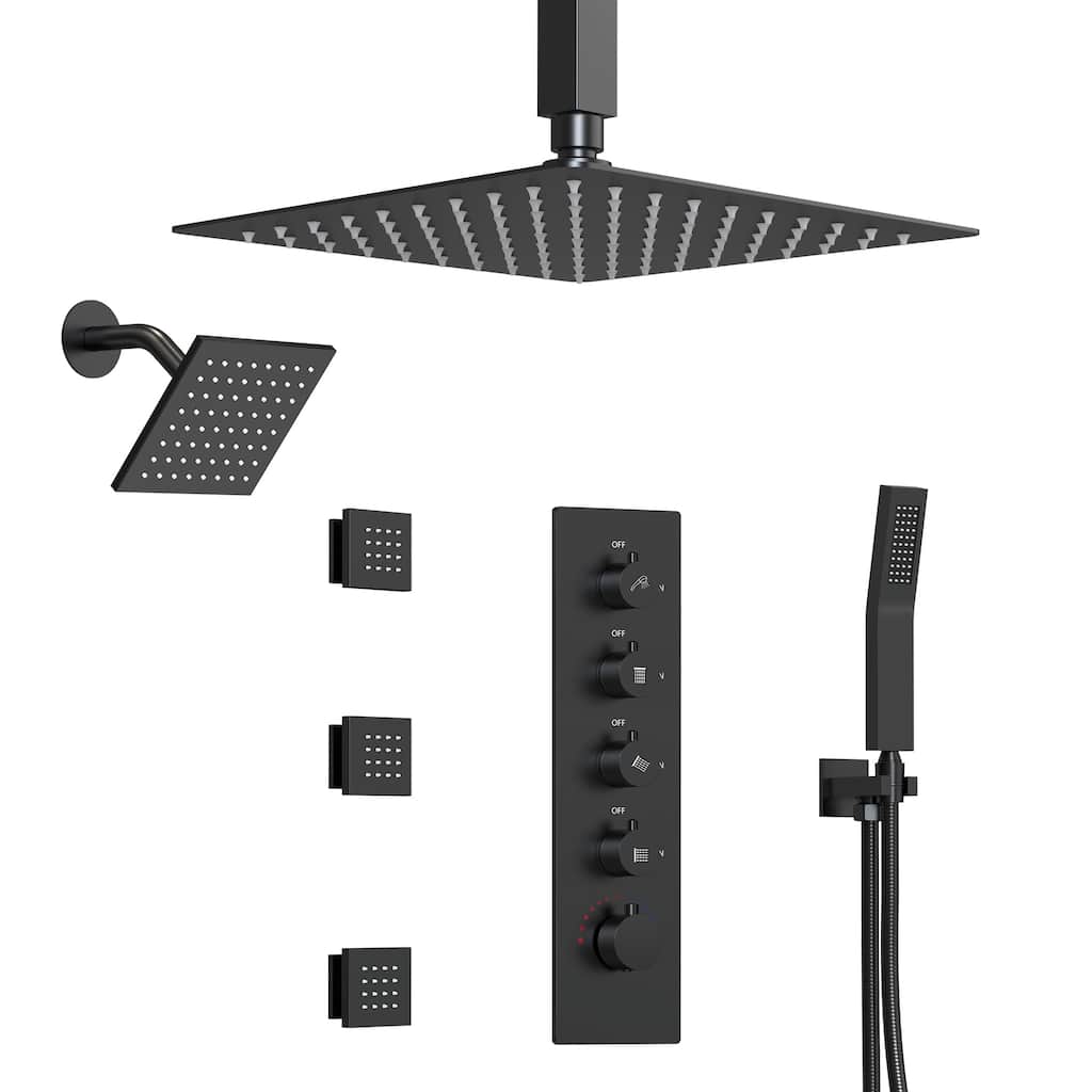 Dual Heads 16" Rainfall & High Pressure 6" Shower Head 3 Way Thermostatic Faucet System w/ 3 Body Jets