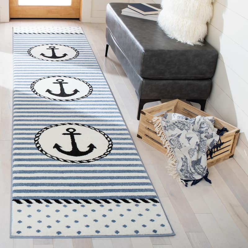 SAFAVIEH Carousel Kids Sybill Nautical Anchor Rug - 2' x 8' Runner - Ivory/Navy