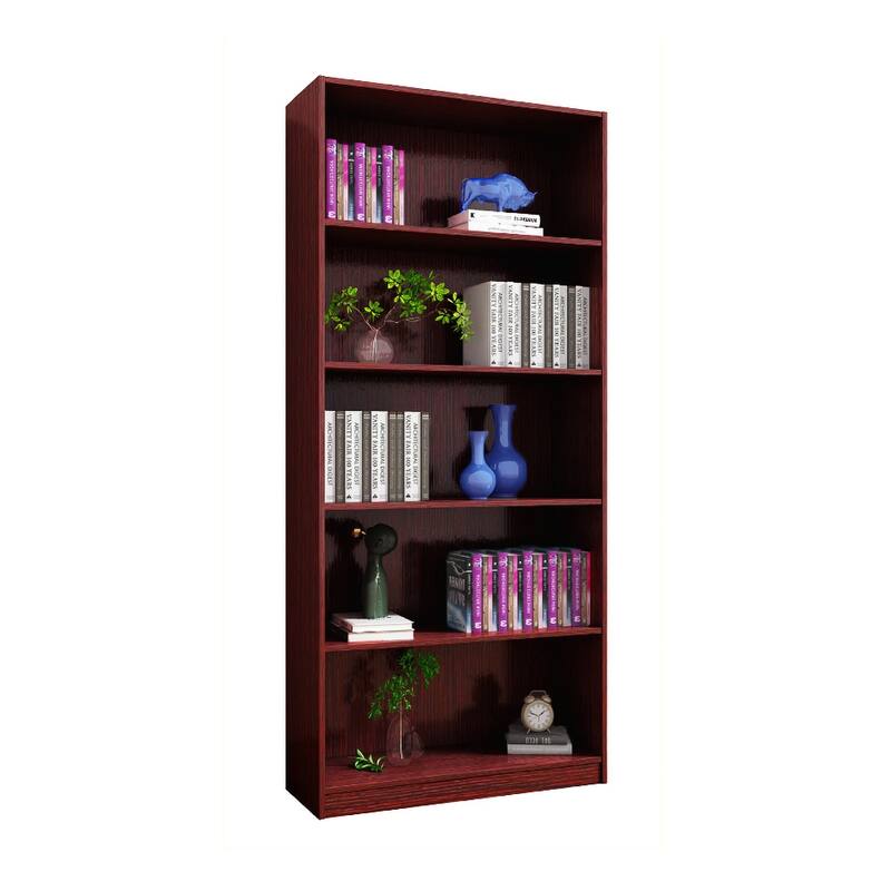Five Shelf Wooden Bookcase Display Cabinet With Bottom Front Molding Mahogany