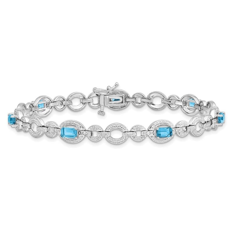 Curata 925 Sterling Silver Textured Polished Box Catch Closure Diamond and Lt Swiss Blue Topaz Oval Link Bracelet