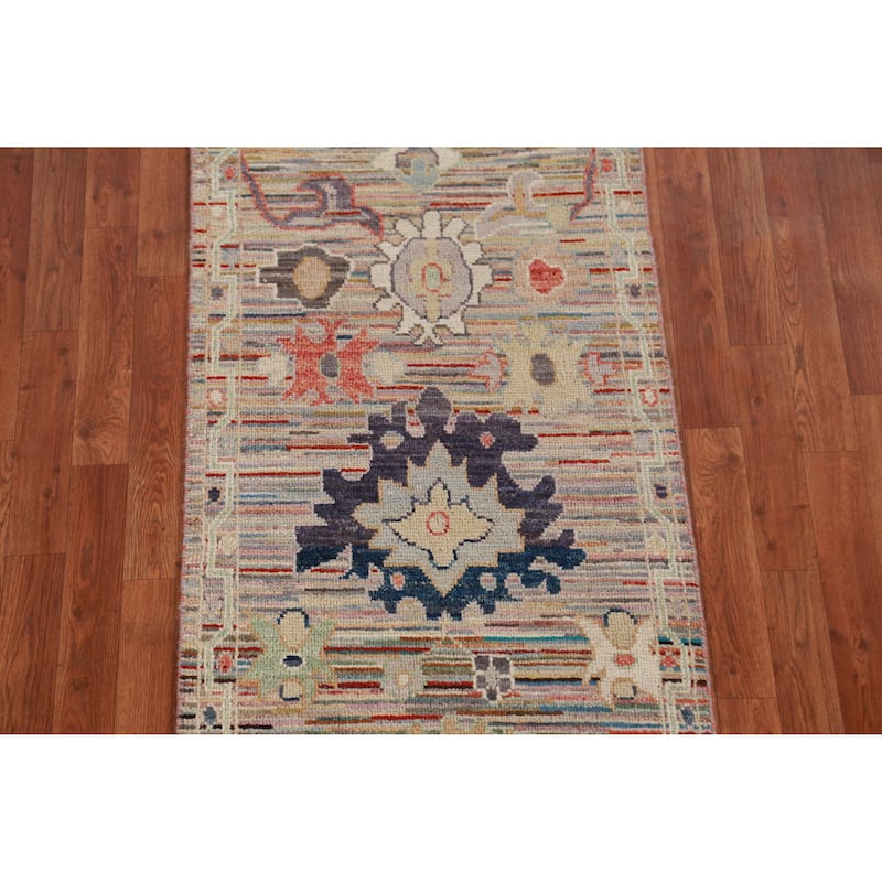 Hand Knotted Oriental 100% Wool Carpet Transitional Floral Multi-Colored Oushak Runner Rug - 9' 3'' X 2' 5''