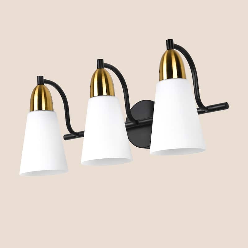 Modern Black Bathroom Vanity Light with Frosted Glass Shades & Gold Accent, Minimalist Wall Sconces