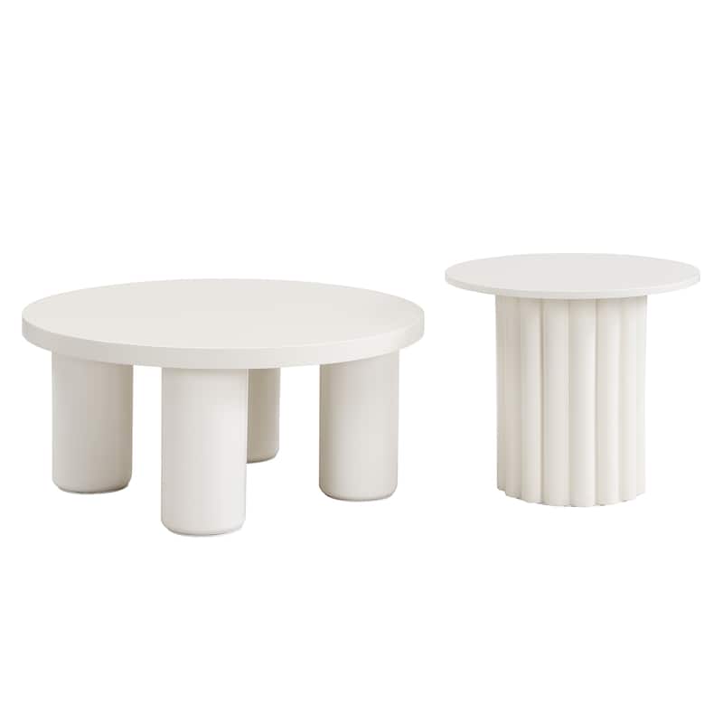 Modern Coffee Table Set of 2, Round Coffee Table with Cylindrical Leg Design and 1 End Table for Living Room