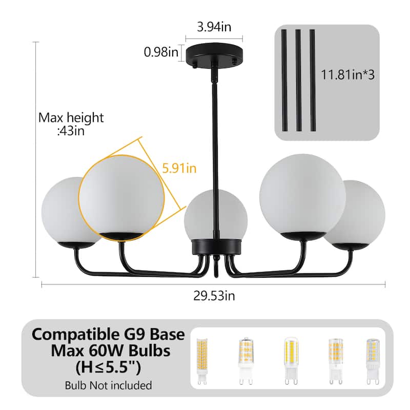 5-Light Dimmable Globe chandelier - Matte Black - N/A