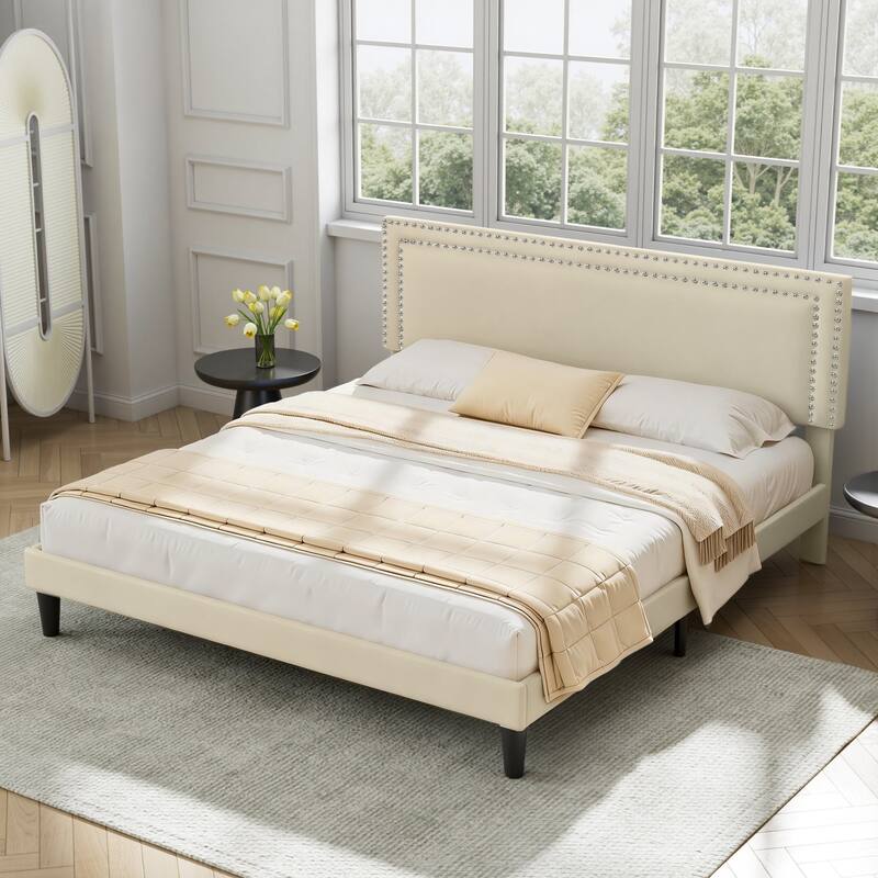 VECELO Upholstered Bed Frames with Height Adjustable Headboard