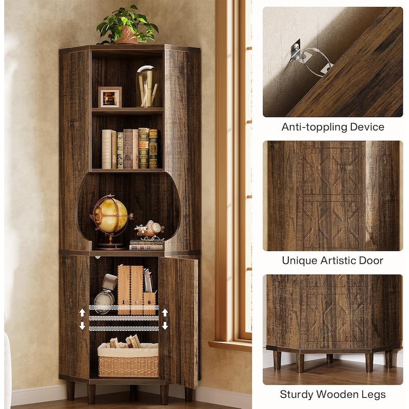69.29'' Tall Corner Cabinet, Mid Century Kitchen Pantry with Doors, Freestanding Home Space Saver for Living Room, Rustic Brown