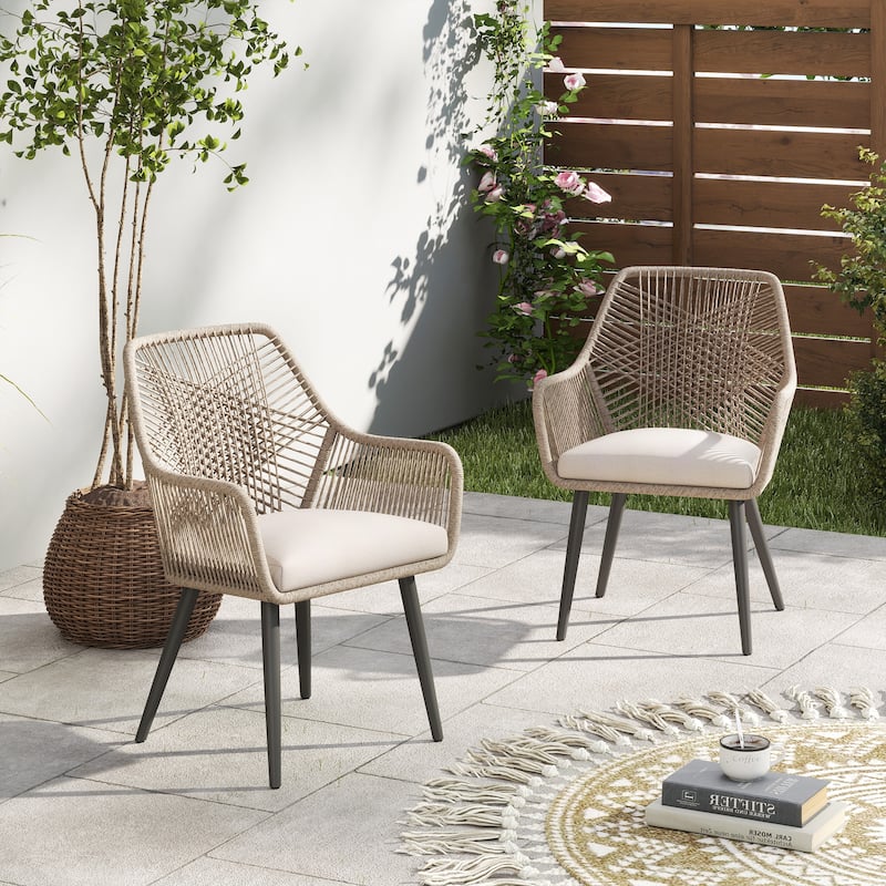 Outdoor Patio Woven Rope Dining Chairs With Armrest and Seat Cushions - 2 Pieces Tan
