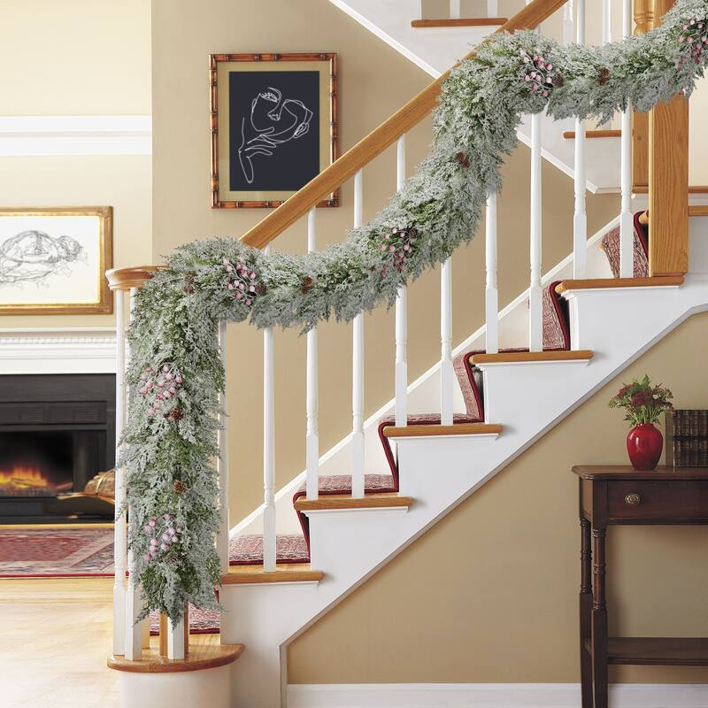 Puleo International 9' x 10" Artificial Flocked Garland Adorned with Pinecones and Red Berries - Green