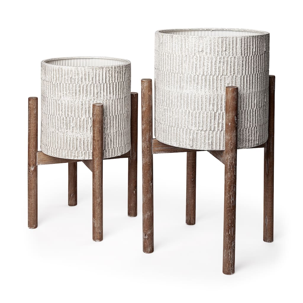 Groot Off-White Metal w/Brown Solid Wood Base Plant Stands (Set of 2) - 15.0L x 15.0W x 23.0H