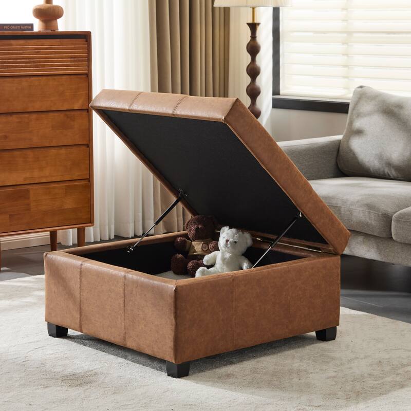 35" Square Brown PU Leather Storage Ottoman with Lift-Top & Soft-Close Lid