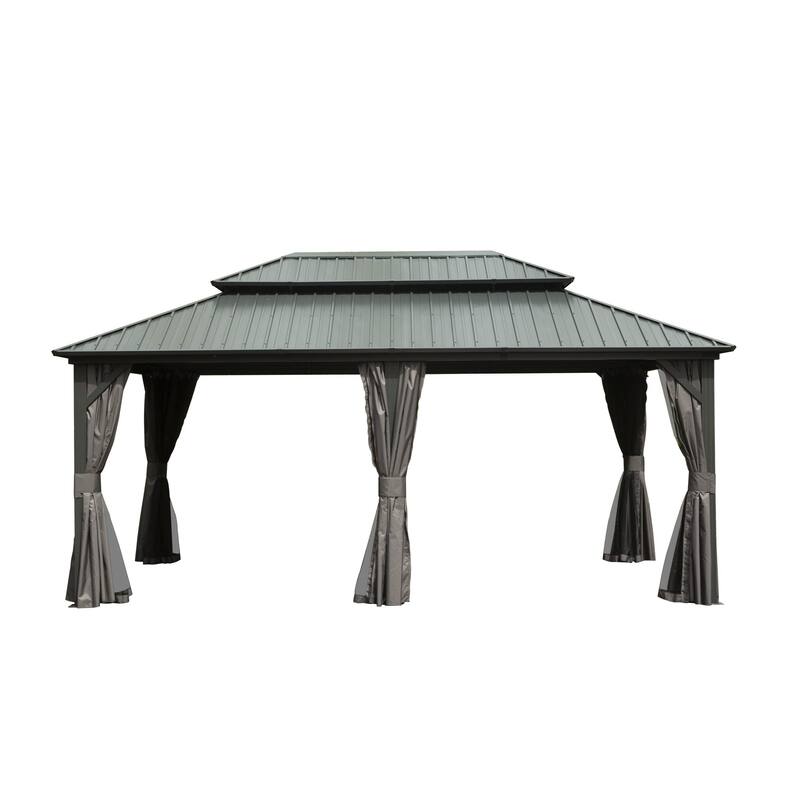 12' x 18' Outdoor Aluminum Hardtop Gazebo with Galvanized Steel Double Roof with Curtain and Netting - Grey