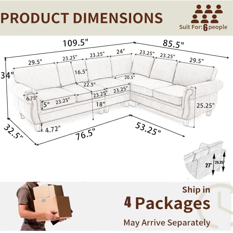 109.5" Chenille 6-Seater L-Shaped Sectional Sofa with Rivets Decorated Rolled Armrests,Cushions, and Wood Frame