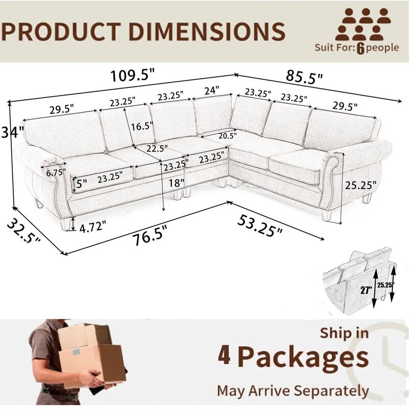 109.5" Modular Sectional Sofa, L Shaped, 6 Seater, Chenille, Light Gray