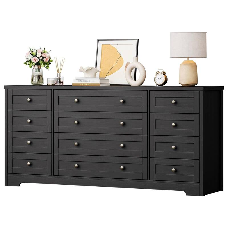 Dresser for Bedroom,Withe Long Wood Dresser with 12 Drawers,Storage Chest of Drawers with Plug-in Charging Hub