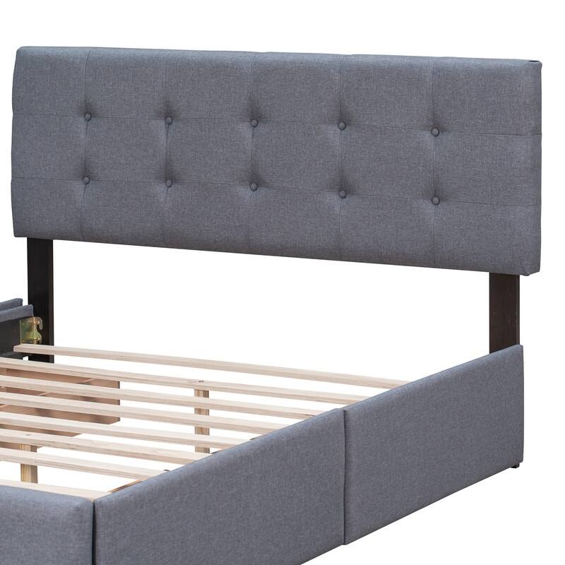 Queen Upholstered Bed Frame with 4 Drawers, Linen Fabric Platform Storage Bed with Classic Headboard and Wooden Slats Support