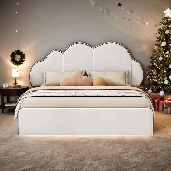 slide 2 of 15, Beige Queen Size Soft Upholstered Platform Bed for Kids