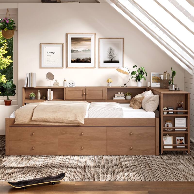 Full/Twin Daybed with Trundle & Storage Drawers - Wood Frame with Side Shelves and Desk