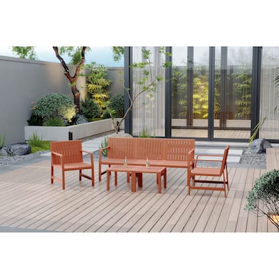 Wood 5-Piece Outdoor Sofa Set, Weather-Resistant Sofa with 2-in-1 Nesting Coffee Tables, Patio Conversation Set
