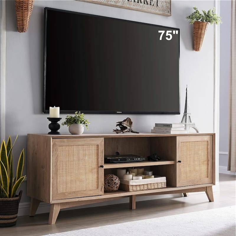 Mid-Century Modern Rattan TV Stand for 75'' TV, Entertainment Center - Natural Oak