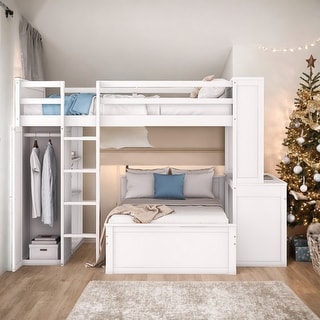 Full Loft Bed with a Stand-alone bed, Shelves, Desk and Wardrobe, White