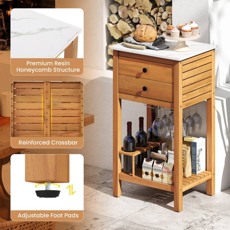Natural Acacia Wood Resin Outdoor Buffet Cabinet with Faux Marble Top and Drawers - 20" x 16" x 36"