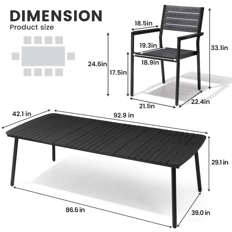 7-piece Patio Dining Set Outdoor Aluminum Rectangular Table with Umbrella Hole and Stackable Chairs