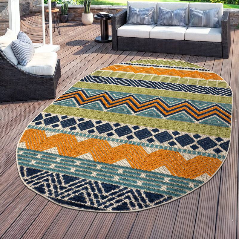 Marbella Contemporary Boho Indoor/Outdoor Area Rug - 5' X 7' OVAL - Multi