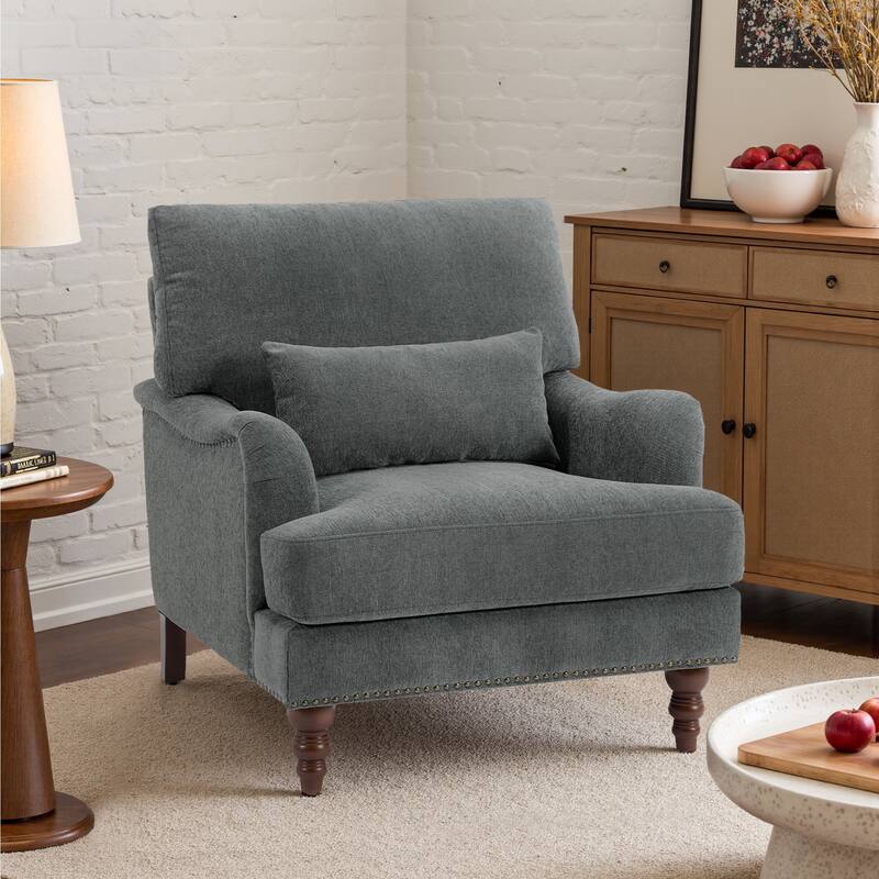 Chenille Accent Chair with Lumbar Pillow Nailhead Living Room - Grey