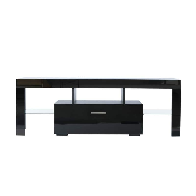 Modern TV Stand with RGB LED Lights & Remote, Tempered Glass Shelves