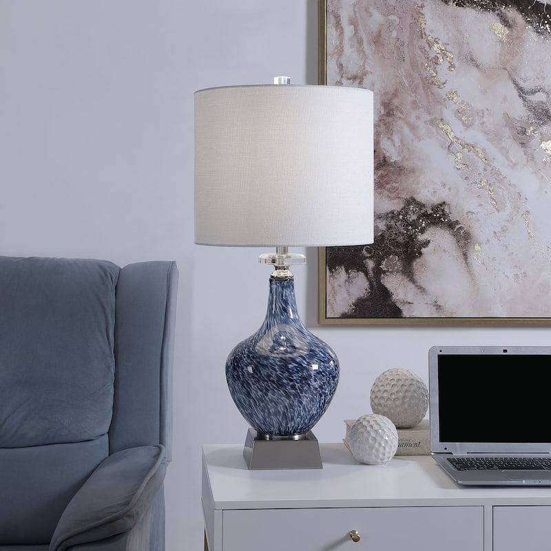 Gemma Silsden Table Lamp - Marbled Blue Art Finish - White Fabric Shade