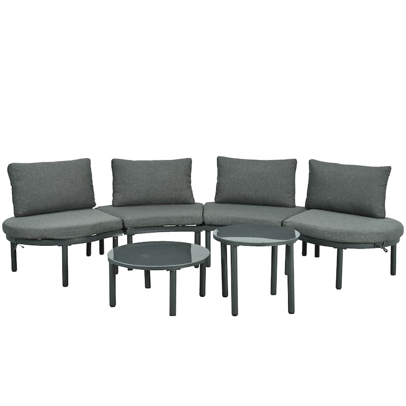 Roomfitters 6/8-Piece Half Moon Patio Sofa Set with 2 Coffee Tables, PE Wicker Rattan, Glass Top, Cushions & Pillows