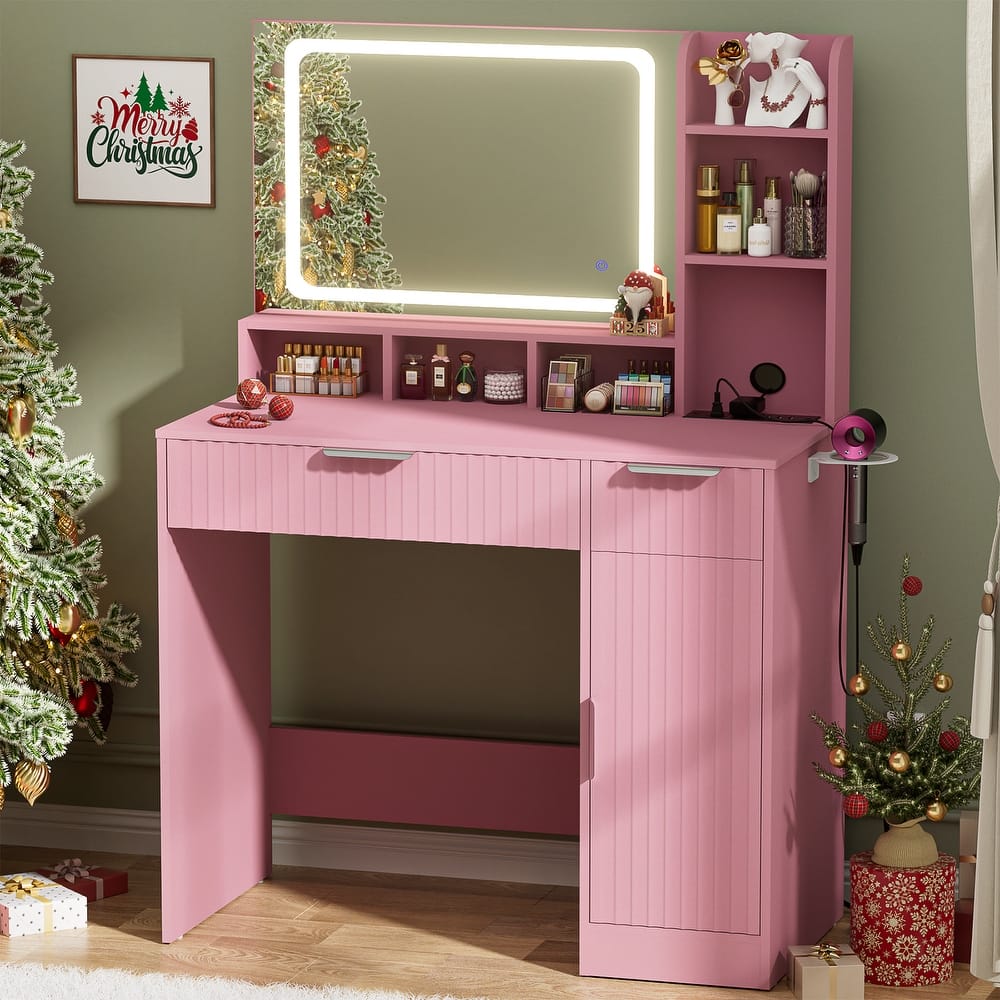 Modern Vanity Desk with LED Mirror, Makeup Vanity Table with Storage Drawers and Cabinet