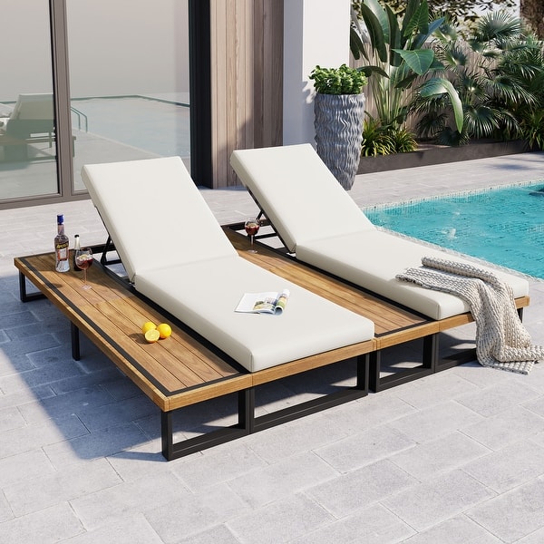 Patio Loungers with 5-Position Adjustable Backrest, Cushions & Wood Side Table - Beige+Wood-Set of 2