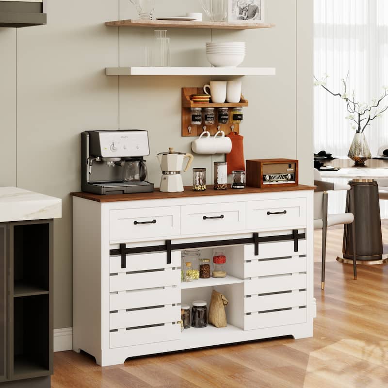 53" Farmhouse Sideboard Buffet Storage Cabinet with 3 Drawers, 2 Sliding Barn Doors, 2 Adjustable Shelves, Coffee Bar Cabinet
