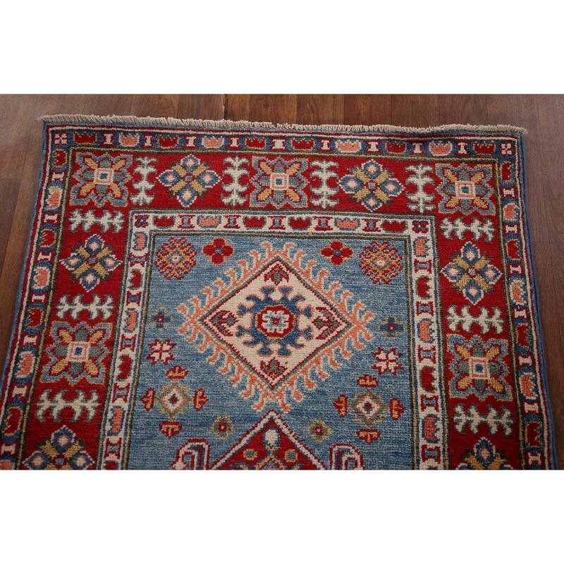 Blue Geometric Kazak Oriental Runner Rug Handmade Wool Carpet - 2'8" x 9'9"