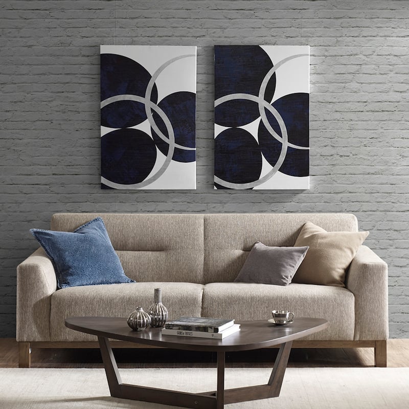Roomfitters Silver Foil Abstract 2-Piece Canvas Wall Art Set, 24x36 Inch Large Navy and Metallic Vertical Decor for Living Room
