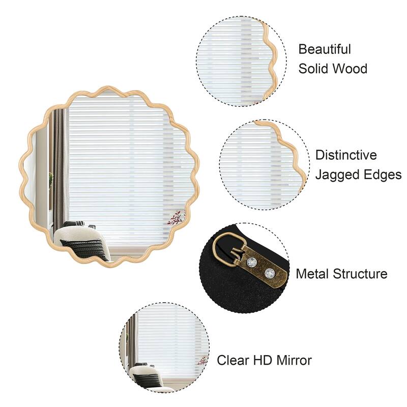Roomfitters 36" Solid Wood Wavy Mirror, Modern Round Wall Decor for Bathroom, Bedroom & Entryway, Natural Wood