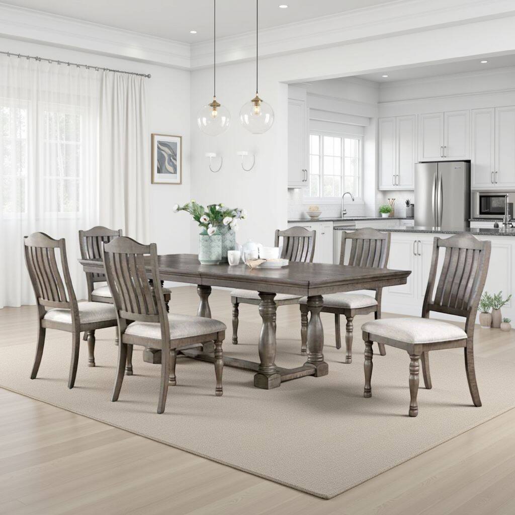 Cay 7pc Dining Table Chair Set, 72-90 Inch Extendable Top, Gray Linen